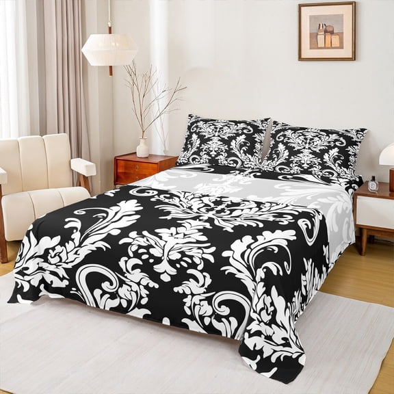 Manfei Black White Damask Bed Sheets for Adult, Bohemian Flower Floral King Sheets, Hippie Mandala Style Sheet Set, Luxury Bedroom Decor, 4 Pieces