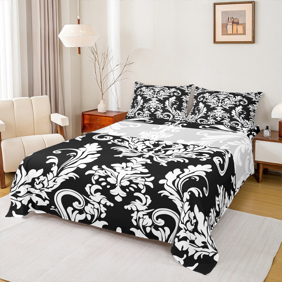 Manfei Black White Damask Queen Sheet Sets for Adult, Bohemian Flower ...