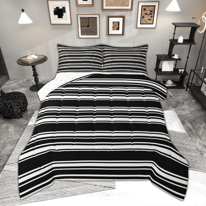 Manfei Black White Full Size Comforter Sets, Geometric Stripe Bedding ...