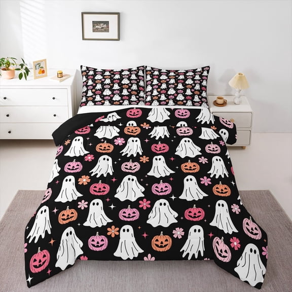 Manfei Black White Ghost Bedding Comforter Set, Gothic Happy Halloween Twin Comforter Sets, Cartoon Pumpkin Reversible Bedding Set, Lightweight Room Decor, 2-Piece