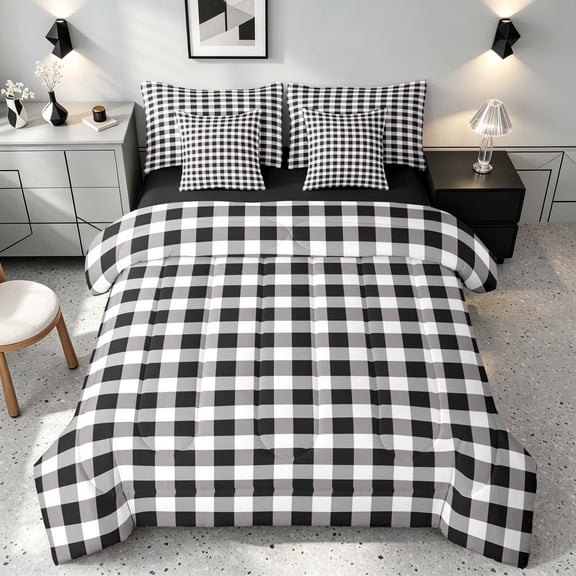 Manfei Black White Gingham Twin Bedding, Check Bedding Comforter Set, Black Reversible 7pcs