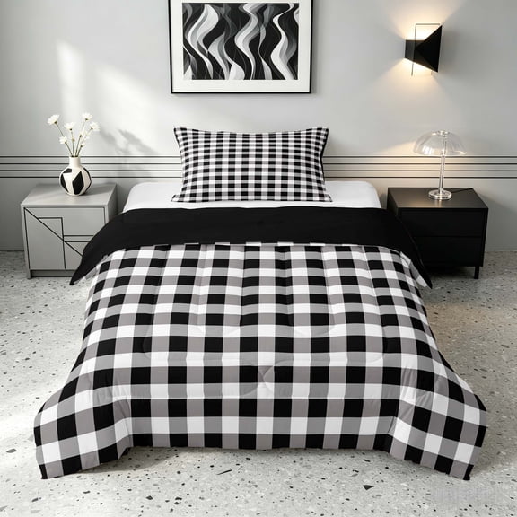 Manfei Black White Gingham Twin Comforter Sets, Check Bedding Set, Black Reversible 2-Piece, 1 Comforter and 1 Pillowcase