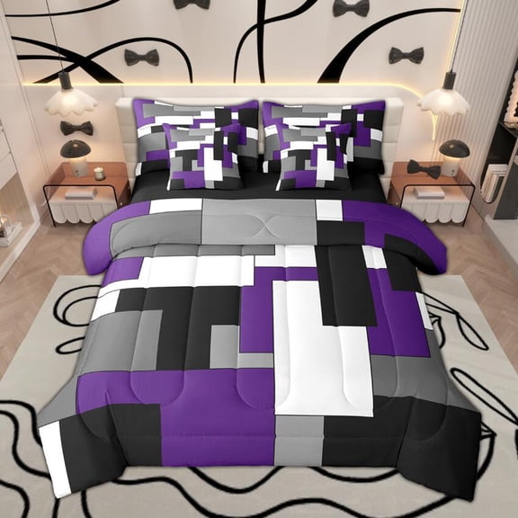 Manfei Black White Gray Purple Bedding Comforter Set 7-Piece, Geometric Checkered King Bedding Sets, Abstract Aesthetic Bed Sheets, Breathable Room Decor