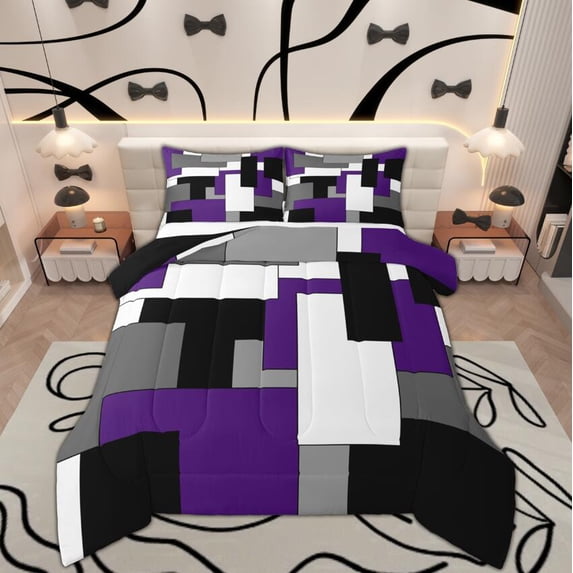 Manfei Black White Gray Purple Bedding Comforter Set, Geometric Checkered Twin Comforter Sets, Abstract Aesthetic Bedding Set, Breathable Room Decor, Reversible 2-Piece