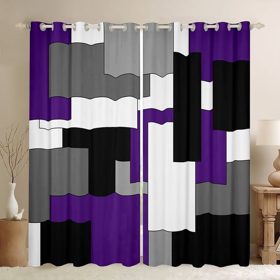 Manfei Black White Gray Purple Curtains Pack of 2 (42x84 Each), Geometric Checkered Curtains Blackout, Abstract Aesthetic Bedroom Curtains, Breathable Room Decor