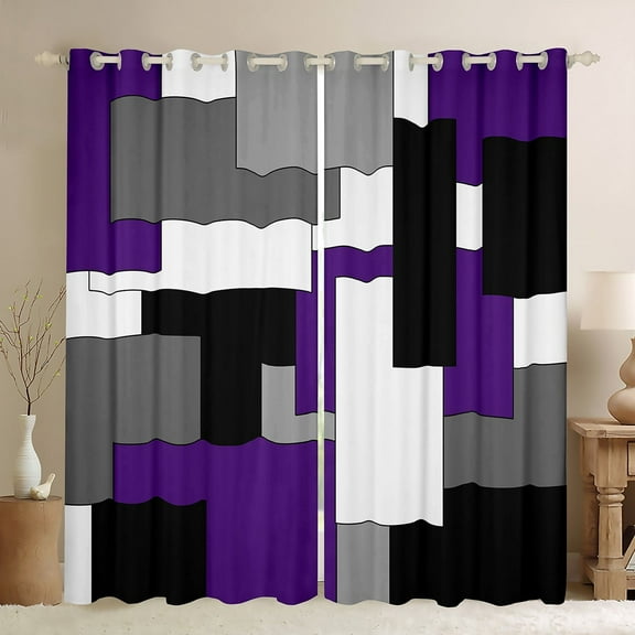 Manfei Black White Gray Purple Curtains Pack of 2 (42x84 Each), Geometric Checkered Curtains Blackout, Abstract Aesthetic Bedroom Curtains, Breathable Room Decor