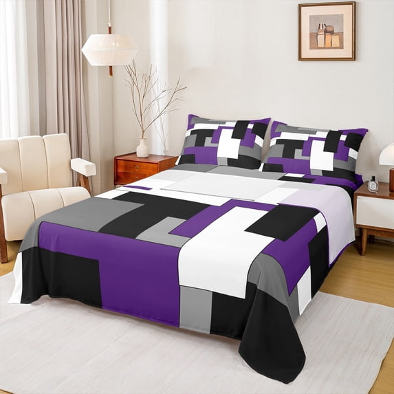 Manfei Black White Gray Purple Queen Sheet Sets 4-Piece, Geometric Checkered Flat Sheet, Abstract Aesthetic Queen Fitted Sheet, Breathable Room Decor