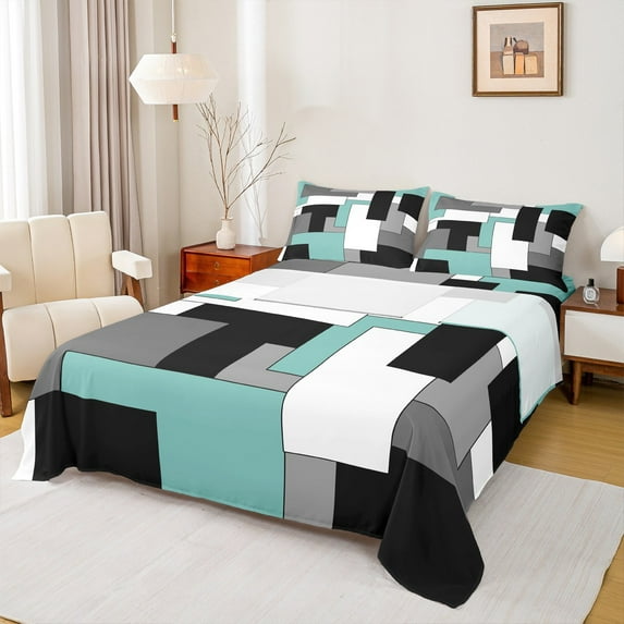 Manfei Black White Gray Teal Bed Sheets 4 Pieces, Geometric Checkered King Sheets, Abstract Aesthetic Sheet Set, Breathable Room Decor