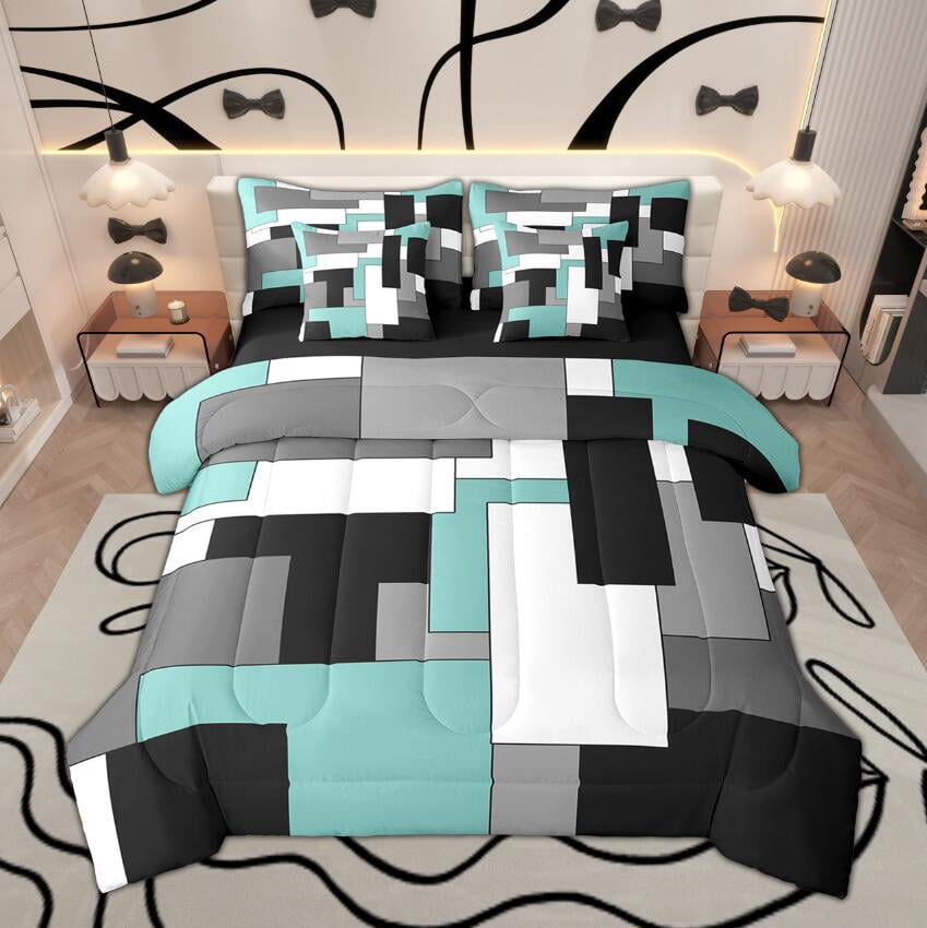 Manfei Black White Gray Teal Bedding Comforter Set 7 Pieces, Geometric ...