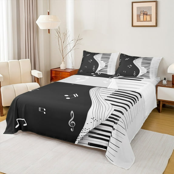 Manfei Black White Piano Bed Sheets, Pop Music Melody King Sheets, Teen Boy Girl Kid Sheet Set, Luxury Bedroom Decor, 4 Pieces