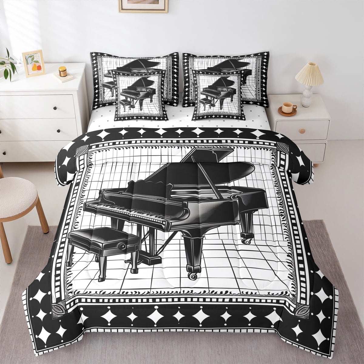 Manfei Black White Piano Bedding Comforter Set 7 Pieces, Pop Music ...
