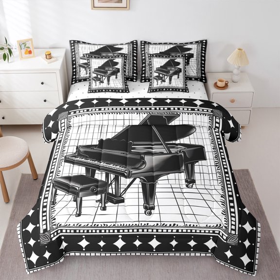 Manfei Black White Piano Twin Bedding Sets 7-Piece, Pop Music Melody Bedding Comforter Set, Teen Boy Girl Kid Sheet Sets, Ultra Soft Home Decor
