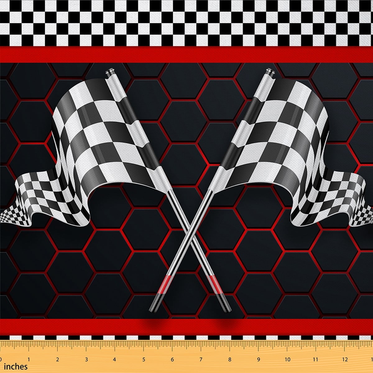 Manfei Black White Racing Flag Fabric by the Yard (2 Yards), Neon Red Honeycomb Decorative Fabric by the Yard, Race Car Theme Sewing & Crafting Fabric