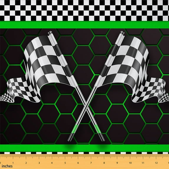 Manfei Black White Racing Flag Fabric by the Yard (5 Yards), Neon Green Honeycomb Decorative Fabric by the Yard, Race Car Theme Sewing & Crafting Fabric