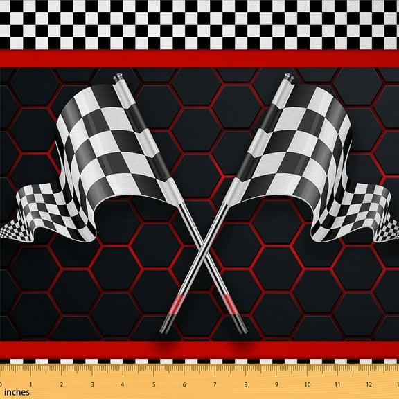 Manfei Black White Racing Flag Sewing & Crafting Fabric (1 Yard), Neon Red Honeycomb Home Decor Fabric by the Yard, Race Car Theme DIY Fabric