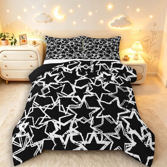Manfei Black White Stars King Size Comforter Sets,Cartoon Themed Comforters King Size,Black Reversible,3pcs,1 Comforter and 2 Pillowcases