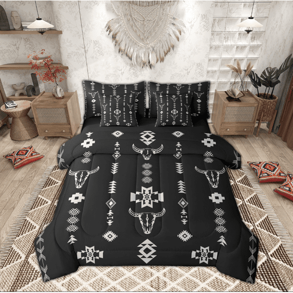 Manfei Black White Western Aztec Bedding Comforter Set 7pcs, Tribal Bohemian Queen Bedding Sets, Hippie Triangle Geometric Reversible Queen Sheet Sets, Ultra Soft Home Decor