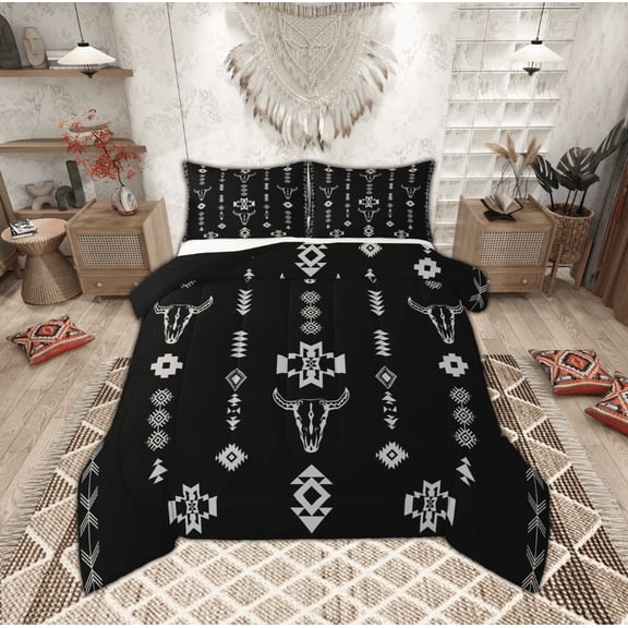Manfei Black White Western Aztec Bedding Comforter Set, Tribal Bohemian Twin Comforter Sets, Hippie Triangle Geometric Reversible Bedding Set, Ultra Soft Home Decor, 2pcs