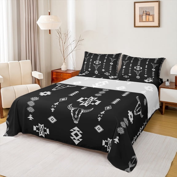 Manfei Black White Western Aztec Full Size Sheets, Tribal Bohemian Bed Sheets, Hippie Triangle Geometric Sheet Sets, Ultra Soft Home Decor, 4pcs