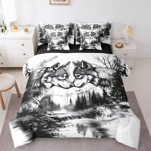 Manfei Black Wolf 7-Piece Twin Bedding,Jungle Animal Print Bedding Comforter Set,Black Reversible