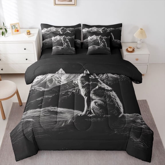 Manfei Black Wolf 7-Piece Twin Bedding,Snow Mountain Range Bedding Comforter Set,Black Reversible