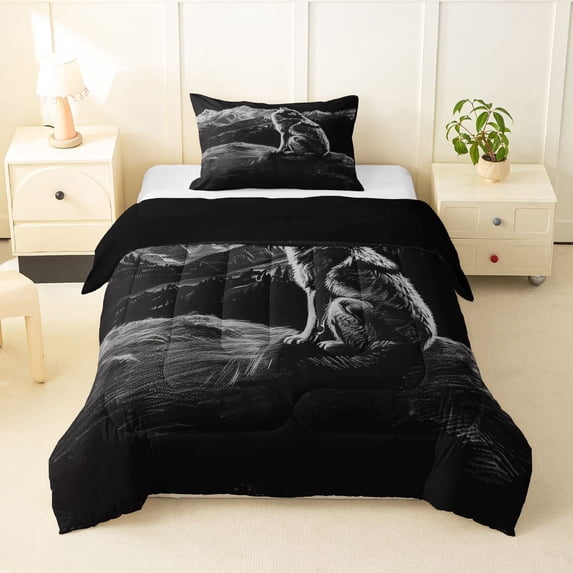Manfei Black Wolf Twin Comforter Sets,Snow Mountain Range Bedding Set,Black Reversible,2pcs,1 Comforter and 1 Pillowcase