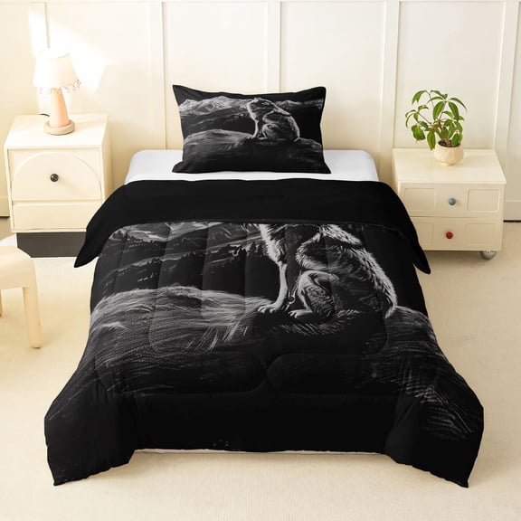 Manfei Black Wolf Twin Comforter Sets,Snow Mountain Range Bedding Set,Black Reversible,2pcs,1 Comforter and 1 Pillowcase