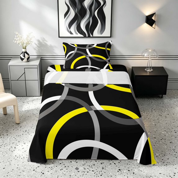 Manfei Black Yellow Circle Twin Sheets,Aesthetic Minimalist Bedding, Black Reversible 3-Piece1 Flat Sheet + 1 Fitted Sheet + 1 Pillowcase