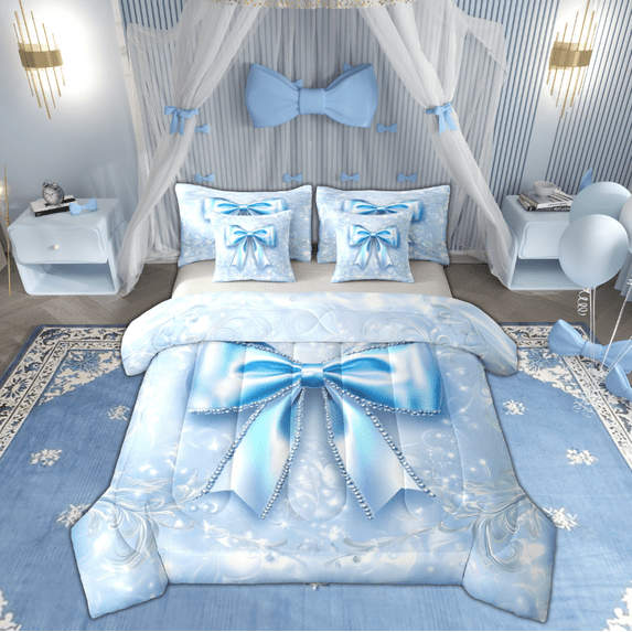 Manfei Bling Blue Bowknot Bedding Comforter Set 7pcs for Kids, Diamond Floral Print Queen Bedding Sets, Princess Bow Style Reversible Queen Sheet Sets, Luxury Bedroom Decor