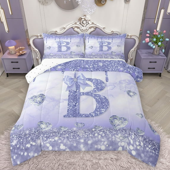 Homewish Bling Bowknot Monogrammed Full Size Comforter Sets, Purple Initial B Letter Bedding Comforter Set, Dreamy Princess Style Reversible Bedding Sets, Ultra Soft Bedroom Decor, 3-Piece