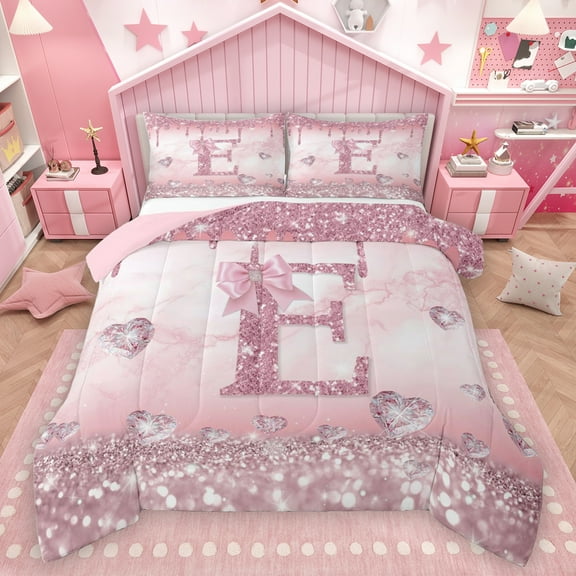Homewish Bling Bowknot Monogrammed Queen Comforter Set, Romantic Initial E Letter Bedding Sets, Dreamy Princess Style Reversible Bedding Comforter Set, Breathable Home Decor, 3pcs