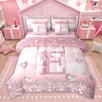 Homewish Bling Bowknot Monogrammed Twin Bedding Sets 7-Piece, Romantic Initial E Letter Bedding Comforter Set, Dreamy Princess Style Reversible Sheet Sets, Breathable Home Decor