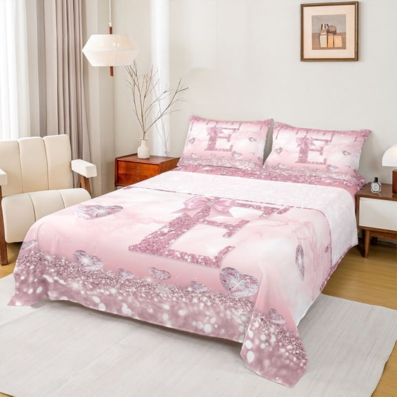 Homewish Bling Bowknot Monogrammed Twin Sheet Sets, Romantic Initial E Letter Twin Fitted Sheet, Dreamy Princess Style Flat Sheet, Breathable Home Decor, 3pcs
