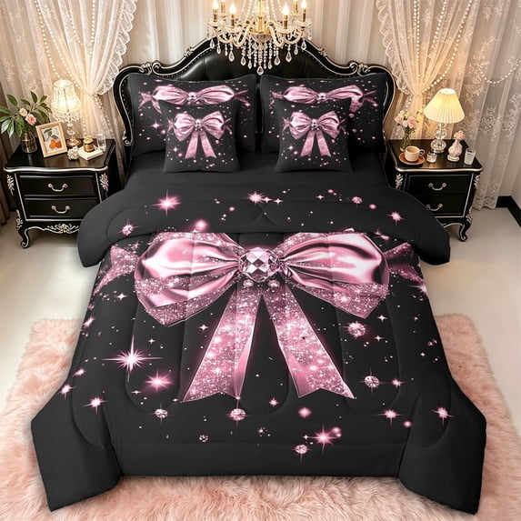Manfei Bling Crystal Bow Tie Bedding Comforter Set 7 Pieces for Girls Kids,Dreamy Sparkling Bowknot Full Bedding Set for Women Teens,Black Reversible,Super Cozy Room Decor