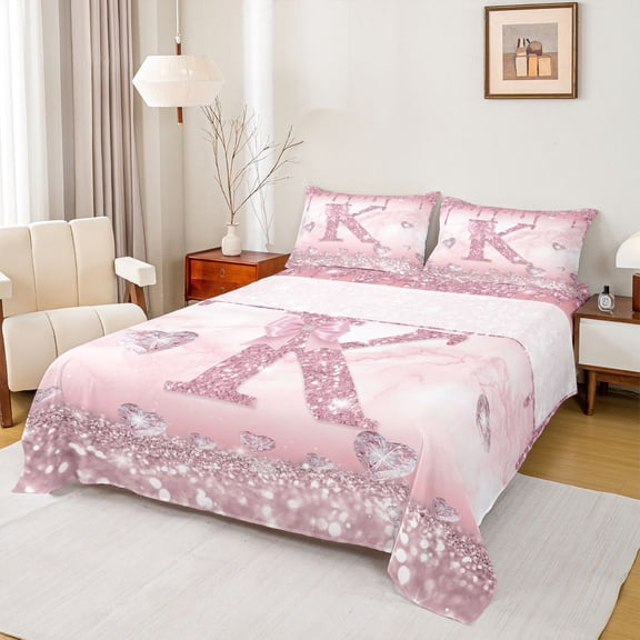Homewish Monogrammed K King Sheet Set, Pink Watercolor Marble Sequin Print Bedding, 4pcs
