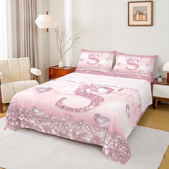 Homewish Bling Monogrammed S Twin Sheet Sets for Girl, Pink Fashion Watercolor Marble Twin Fitted Sheet, Chic Sequin Print Flat Sheet, Super Cozy Room Decor, 3 Pieces