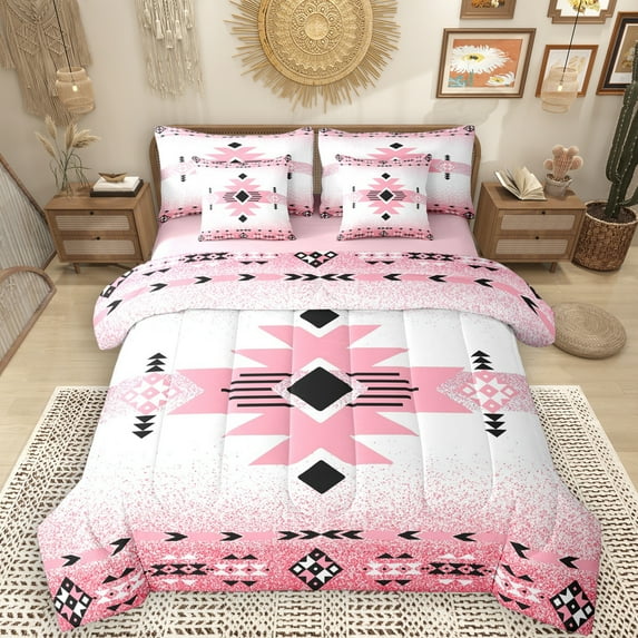 Manfei Bling Pink Aztec 7-Piece Twin Bedding Sets, Vintage Bohemian Triangle Bedding Comforter Set, Teen Kid Adult Reversible Sheet Sets, Breathable Home Decor