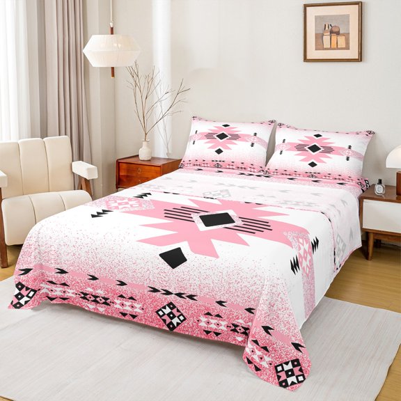 Manfei Bling Pink Aztec Bed Sheets, Vintage Bohemian Triangle King Sheets, Teen Kid Adult Sheet Set, Breathable Home Decor, 4 Pieces