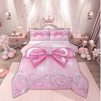 Manfei Bling Pink Bowknot Bedding Comforter Set for Kids, Diamond Floral Print Twin Comforter Sets, Princess Bow Style Reversible Bedding Set, Luxury Bedroom Decor, 2 Pieces