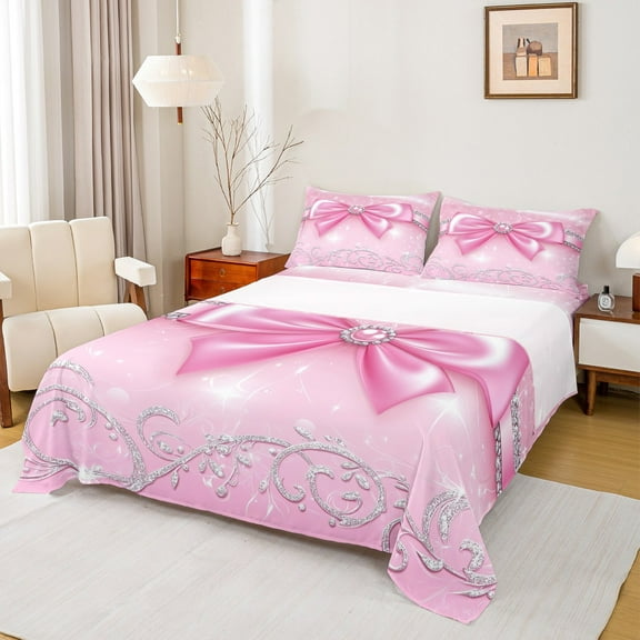Manfei Bling Pink Bowknot Twin Sheet Sets for Kids, Diamond Floral Print Twin Fitted Sheet, Princess Bow Style Flat Sheet, Luxury Bedroom Decor, 3 Pieces