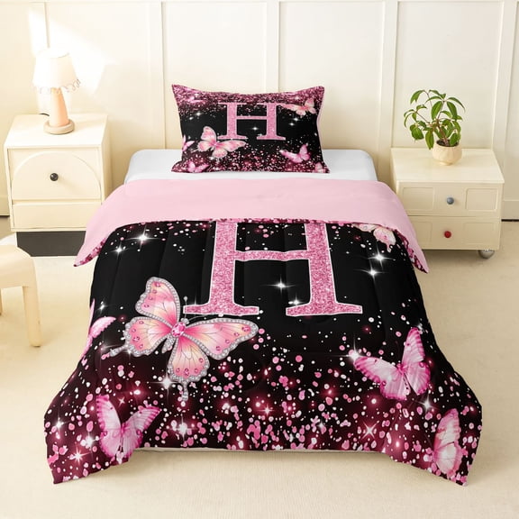 Manfei Bling Print Monogrammed Themed Twin Comforter Sets,Girly Personalized Gifts Bedding Set,Pink,Pink Reversible,2pcs,1 Comforter and 1 Pillowcase