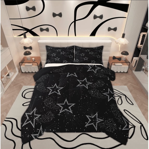 Manfei Bling Star Print Comforter Sets Full Size, Black Blue Comforters & Duvets, Cartoon Theme Reversible Bedding Full Comforter Set, Microfiber Bedroom Decoration, 3-Piece