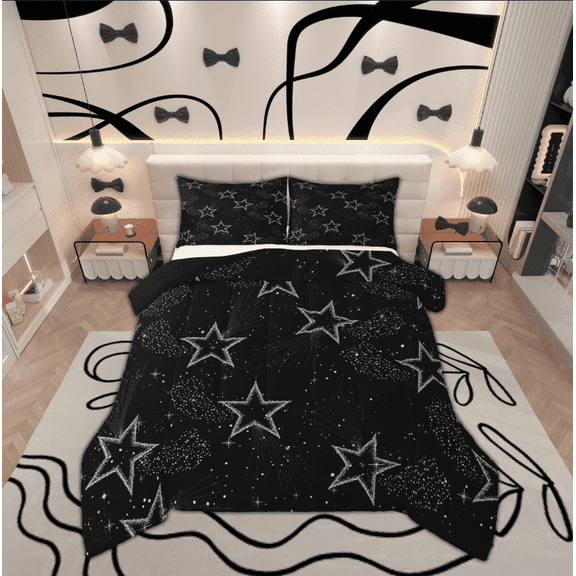 Manfei Bling Star Print Comforter Sets Full Size, Black Blue Comforters & Duvets, Cartoon Theme Reversible Bedding Full Comforter Set, Microfiber Bedroom Decoration, 3-Piece