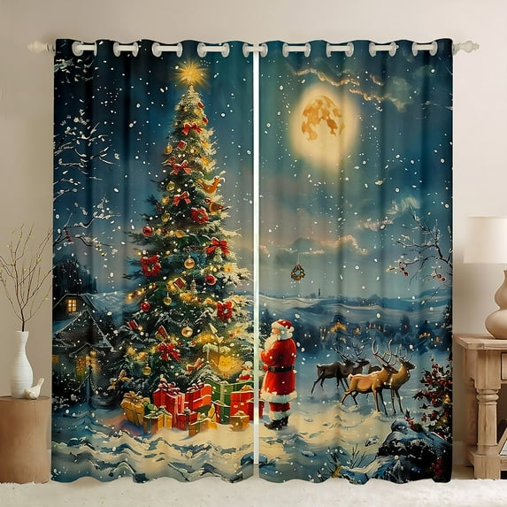 Manfei Bling Vintage Xmas Tree Curtains Pack of 2 (42x84 Each), Dreamy Christmas Eve Curtains Blackout, Magic Santa Claus Bedroom Curtains, Curtains and Drapes Room Decor