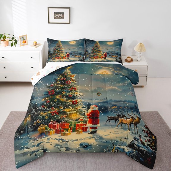 Manfei Bling Vintage Xmas Tree Full Size Comforter Sets, Dreamy Christmas Eve Bedding Comforter Set, Magic Santa Claus Reversible Bedding Sets, Super Cozy Room Decor, 3-Piece