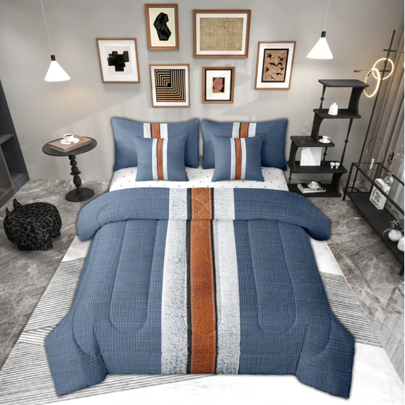 Manfei Blue Abstract Ombre Bedding Comforter Set 7pcs, Retro Geometric Stripes Queen Bedding Sets, Child Kid Adult Queen Sheet Sets, Lightweight Room Decor