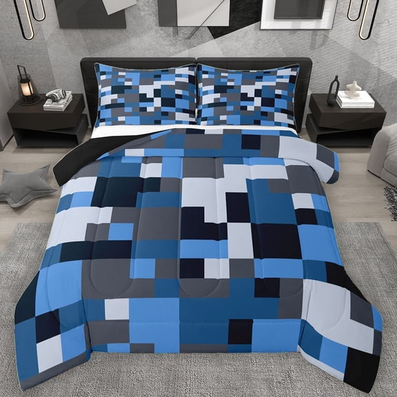 Manfei Blue Abstract Ombre Bedding Comforter Set for Teens, Fashion Square Twin Comforter Sets, Patchwork Buffalo Reversible Bedding Set, Microfiber Bedroom Decor, 2 Pieces