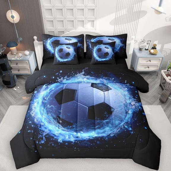 Manfei Blue Cartoon Football 7-Piece Bedding Comforter Set, Soccer Sports Lover King Bedding Sets, Teens Kids Boys Reversible Bed Sheets, Breathable Home Decor