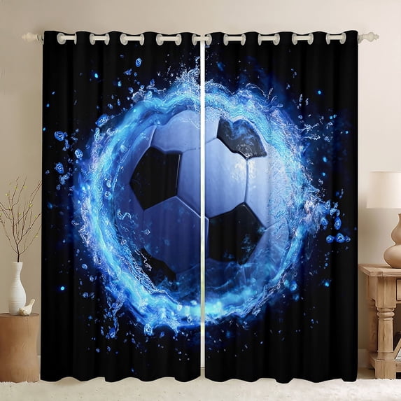 Manfei Blue Cartoon Football Black Out Curtains, Soccer Sports Lover Curtains Pack of 2 (42x63 Each), Teens Kids Boys Bedroom Curtains, Living Room Curtains Decor