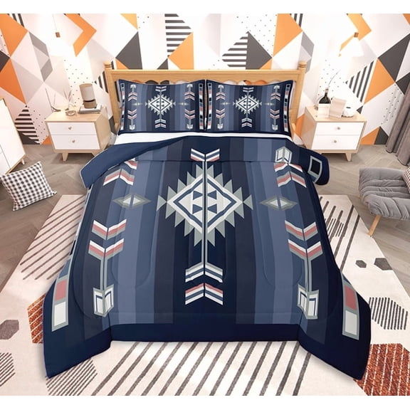 Feelyou Blue Aztec Bedding Comforter Set, Mandala Bohomian Twin Comforter Sets, Tribal Triangle Geometric Bedding Set, Breathable Bedroom Decoration, 2pcs